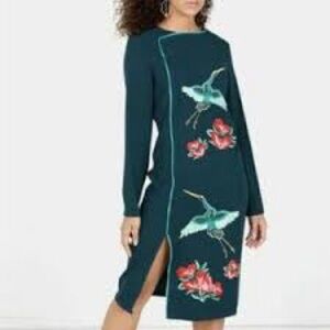 Liquoirsh Teal Floral & Bird Heron Long Sleeve Shift Dress Asian Flare 14/42